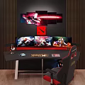 Modern Gaming Desk with Multiple Monitors Gaming Chair and Red Wall Art