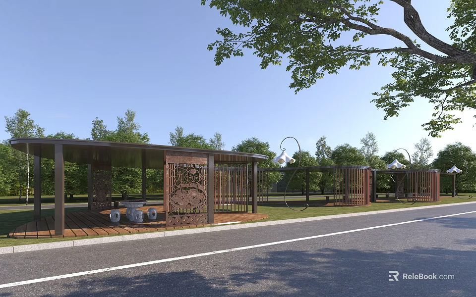 Outdoor Pergola With Intricate Carved Panels Surrounded By Green Trees And Cozy Seating Area 3d model 
