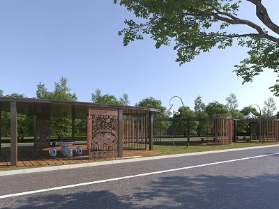 Outdoor Pergola With Intricate Carved Panels Surrounded By Green Trees And Cozy Seating Area 3d model
