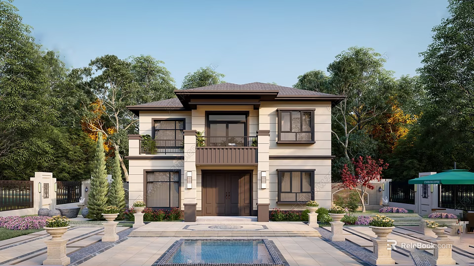 Two Story Detached Villa With Brown Roof Beige Exterior Front Swimming Pool And Surrounding Greenery 3d model 
