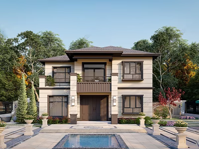 Two Story Detached Villa With Brown Roof Beige Exterior Front Swimming Pool And Surrounding Greenery 3d model