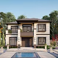Two Story Detached Villa With Brown Roof Beige Exterior Front Swimming Pool And Surrounding Greenery
