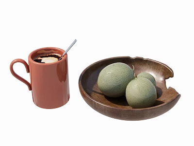 Red Ceramic Mug With Spoon And Coffee Next To Wooden Plate With Melons 3d model