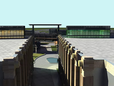 Modern Commercial Street With Open Plaza Stone Columns And Glass Facades 3d model
