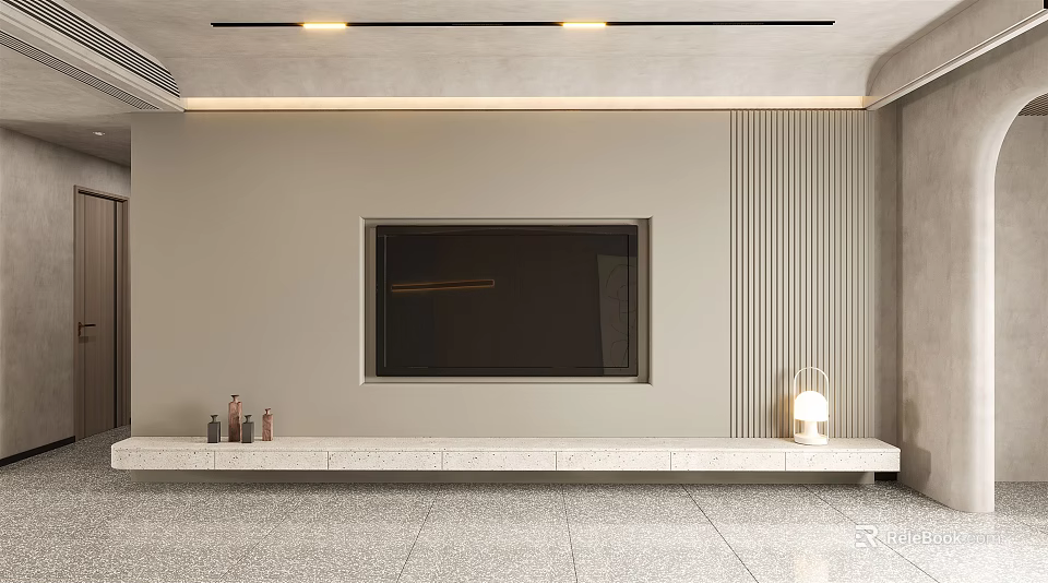 Light Gray TV Background Wall With Wooden Slat Marble Countertop Cabinet and Ambient Lighting 3d model 