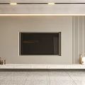 Light Gray TV Background Wall With Wooden Slat Marble Countertop Cabinet and Ambient Lighting