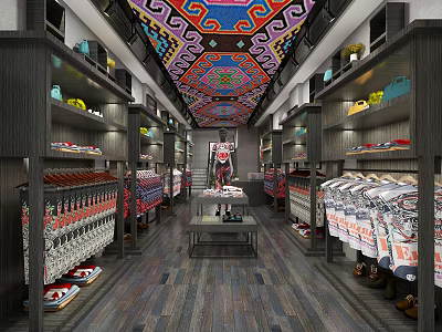 Clothing Store Interior Design With Colorful Patterned Ceiling Shelves Central Display Table And Wooden Flooring 3d model