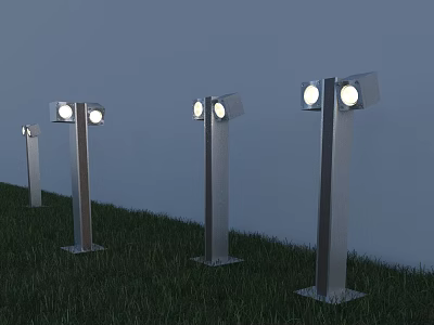 Outdoor Metal Standing Lights With Circular Heads In Grass Area 3d model