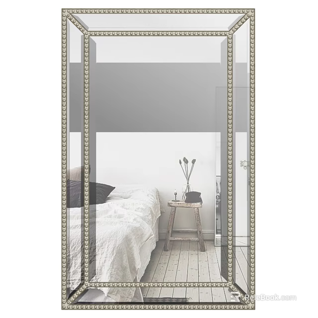Elegant Decorative Mirror With Gold Frame Reflecting Bedroom Bed And Nightstand 3d model 