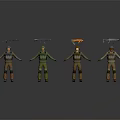 Four Game Movie Characters in Various Military Outfits Carrying Combat Gear