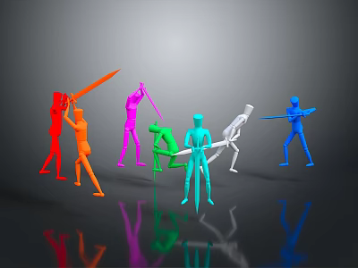 Colored Human Figures In Various Colors Interacting With Tools In Dynamic Poses 3d model