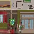 Cartoon Interior Scene with Decorative Frames Red Curtains Green Sofa Deer Head and Potted Plants