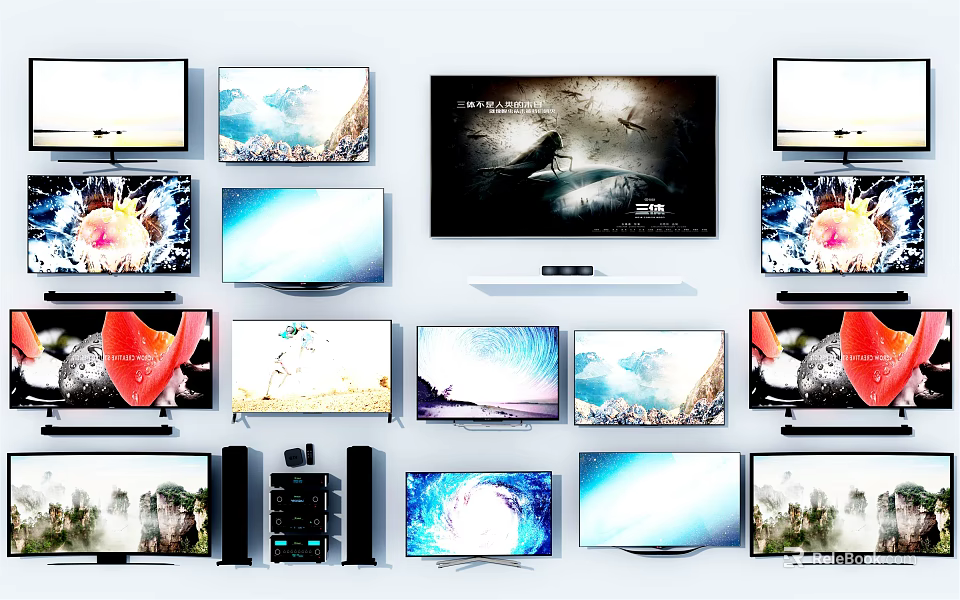 Multiple Modern Televisions Display With Various Screen Content And Audio Systems 3d model