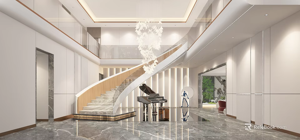 Luxury Modern Hotel Lobby Interior Design With Spiral Staircase Crystal Chandelier And Black Piano 3d model 