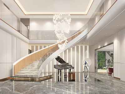 Luxury Modern Hotel Lobby Interior Design With Spiral Staircase Crystal Chandelier And Black Piano 3d model