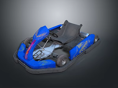 Blue Go-Kart Featuring Flame Design Black Seat And Visible Frame Structure 3d model