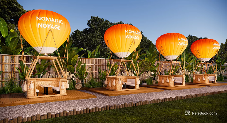 Nomadic Voyage Campsite With Orange Hot Air Balloons Bamboo Structures And Lush Greenery 3d model 