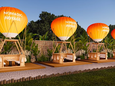 Nomadic Voyage Campsite With Orange Hot Air Balloons Bamboo Structures And Lush Greenery 3d model