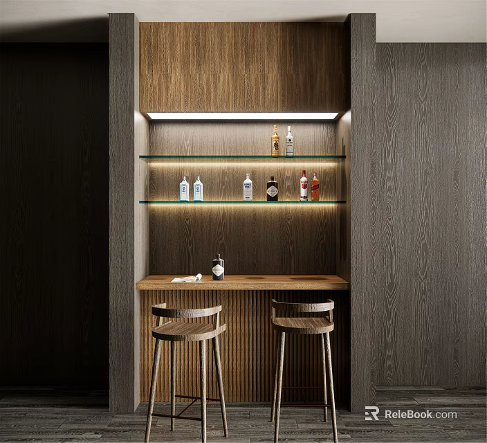 Modern Wooden Bar Interior With Glass Shelves Wine Bottles LED Lighting And Bar Stools 3d model 