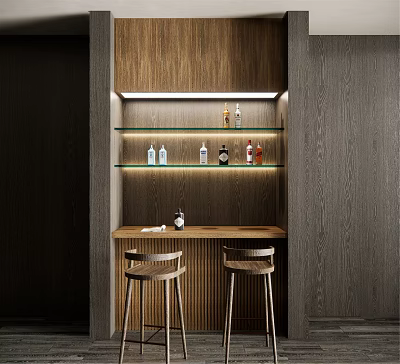 Modern Wooden Bar Interior With Glass Shelves Wine Bottles LED Lighting And Bar Stools 3d model