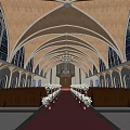 Church Interior With Arched Ceiling Stained Glass Windows Central Pipe Organ Wooden Pews Red Carpet