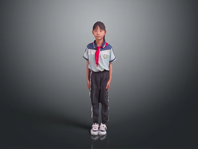 Young Girl in School Uniform White Blue Top Red Scarf Pants White Sneakers Gray Background 3d model
