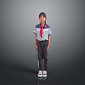 Young Girl in School Uniform White Blue Top Red Scarf Pants White Sneakers Gray Background