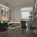 Modern Apartment Interior With Beige Sofa Blue Armchair Yellow Cushions Bed And Wooden Floor