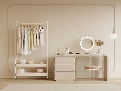 Minimalist Dressing Table With Round Mirror Chair And Clothes Rack In Beige Room 3d model