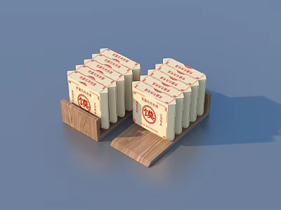 White Boxes With Red Text And Patterns On Wooden Tray And Blue Background 3d model
