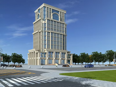 Light Colored Modern Office Building Exterior Design With Arched Windows Trees And Lawn 3d model