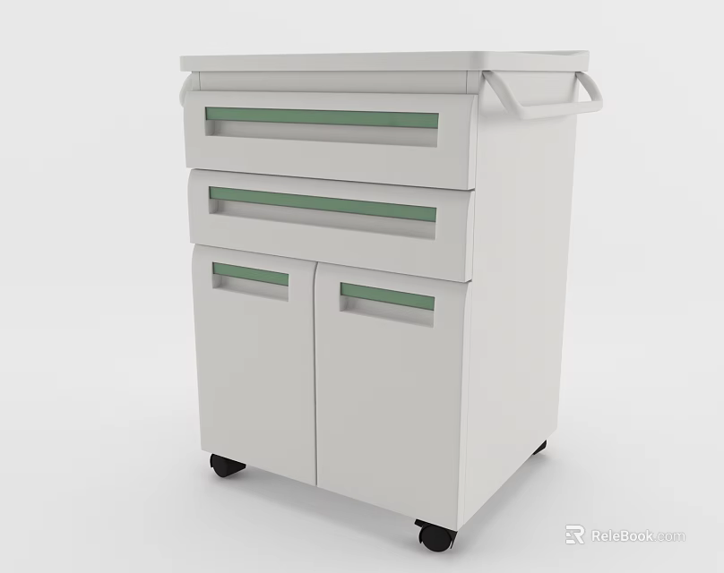 White Bookcase With Drawers Doors Green Trim And Rolling Wheels Design 3d model 