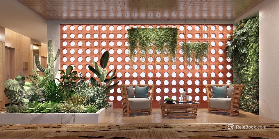 Cozy Relaxation Area With Red Circular Pattern Wall Hanging Green Plants Armchairs And Coffee Table 3d model 