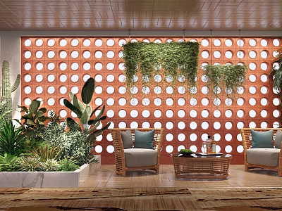 Cozy Relaxation Area With Red Circular Pattern Wall Hanging Green Plants Armchairs And Coffee Table 3d model