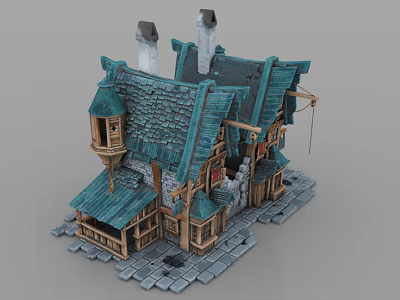 Charming Cartoon Scene With Green Roofed Fantasy Houses Chimneys Wooden Structures And Stone Brick Ground 3d model