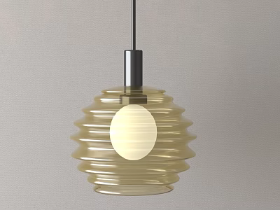 Modern Amber Ribbed Glass Pendant Light With White Bulb And Black Metal Rod 3d model