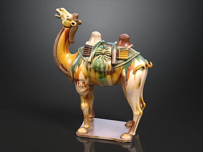 Ceramic Camel Figurine With Yellow Green Brown Colors And Decorative Back On Silver Base 3d model