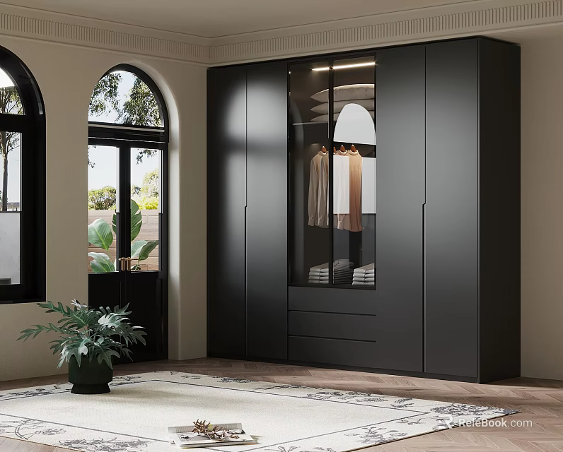 Modern Interior With Black Wardrobe Glass Door Arched Window Wooden Floor And Green Plant 3d model 
