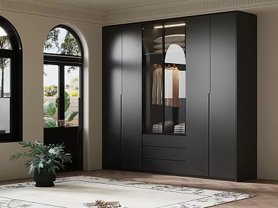 Modern Interior With Black Wardrobe Glass Door Arched Window Wooden Floor And Green Plant 3d model