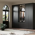 Modern Interior With Black Wardrobe Glass Door Arched Window Wooden Floor And Green Plant