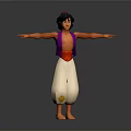 3D Character Model With Purple Vest White Pants Arms Outstretched On Gray Background
