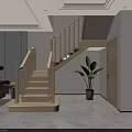 Modern Wooden Staircase in Light Colored Interior With Sofa Plant and Cabinet