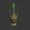 Intricate Patterned Metallic Household Item With Spout And Handle Design