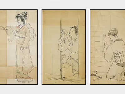 Traditional Japanese Figure Paintings Depicting Women in Kimono Across Three Panels 3d model