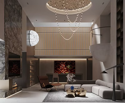 Modern Elegant Basement Living Room With Marble Walls Wooden Partition Chandelier And Fireplace 3d model