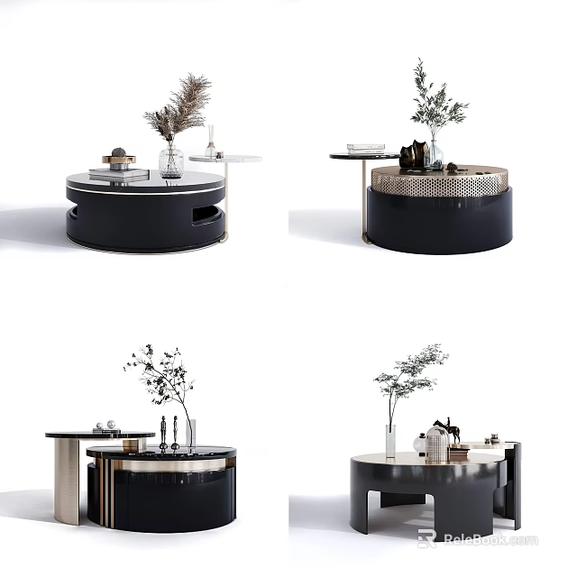 Modern Round Coffee Table Interior Design With Decorative Plants And Vases 3d model