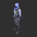 Hooded Game Movie Character In Purple Gray Armored Outfit With Sci Fi Fantasy Style