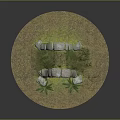 Cartoon Scene Featuring Round Sandy Ground Stone Metal Plate Hut Grass Roof And Green Plants