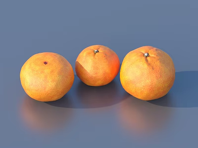 Three Fresh Oranges On Gray Background With Glossy Skin And Shadows 3d model