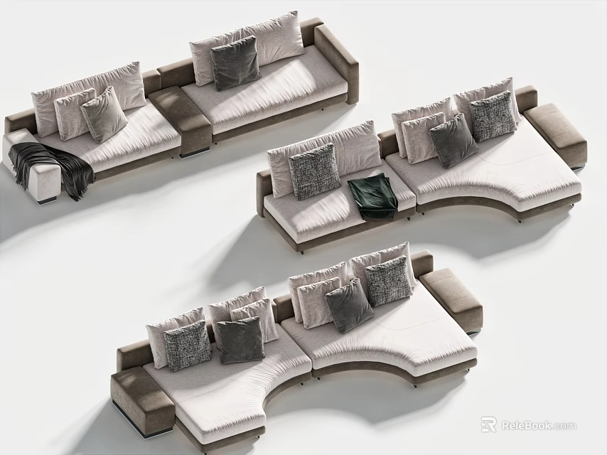 Modern Double Sofa With Multiple Gray Cushions And Soft Fabric For Home Interior 3d model 